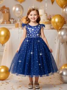 Young Girl Elegant & Cute Navy Blue Mesh Dress - Navy Blue - View 1