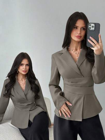 Firerie Women's Casual Elegant Faux Linen Cinched Waist Blazer / Women's Brownish-Grey Linen Fitted Waist Blazer / Autumn/Winter Women's Clothing / Back To School Season / Back To School Festival / Business Casual Women's Clothing / Retro Style Women's Clothing / Office Women's Clothing / Outfits / Women's Social Blazer / Fitted Waist Pleated Blazer / Women's Elegant Blazer