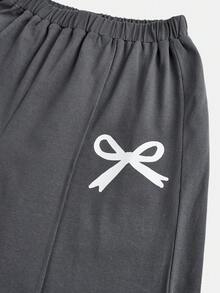 SHEIN Set de 2 piezas de suéter de cuello redondo holgado de punto con estampado de mariposa y shorts para adolescentes, adecuado para uso diario, regreso a clases, vacaciones, picnic familiar al aire libre en primavera - Gris Oscuro - Ver 3