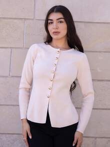 Andrea Bello 女士休闲百搭简约修身圆领长袖开衫，秋冬 - 杏色 - 查看 1