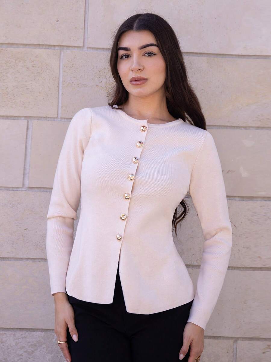 Andrea Bello 女士休闲百搭简约修身圆领长袖开衫，秋冬 - 杏色 - 查看 1