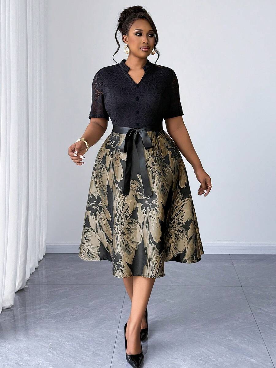 Maweii Elegant Plus Size Knitted A-Line Dress With Notched Neck And Half Sleeves Knee Length Flared Multicolor Plants Pattern - Multicolor - View 1
