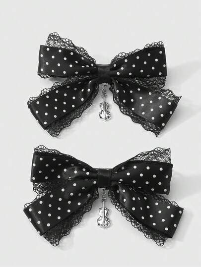 ROMWE Kawaii 2pcs Minimalist Versatile Vintage Chic High-Quality Black & White Musical Note & Bowknot Pendant DIY Hair Clip, Side Clip Combo Set, Suitable For Women, Girls, Daily Wear, Holiday Gift