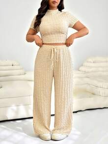 Solflare 2 件套大码春夏休闲修身褶皱纹理印花裤和短袖 T 恤套装 - 杏色 - 查看 1