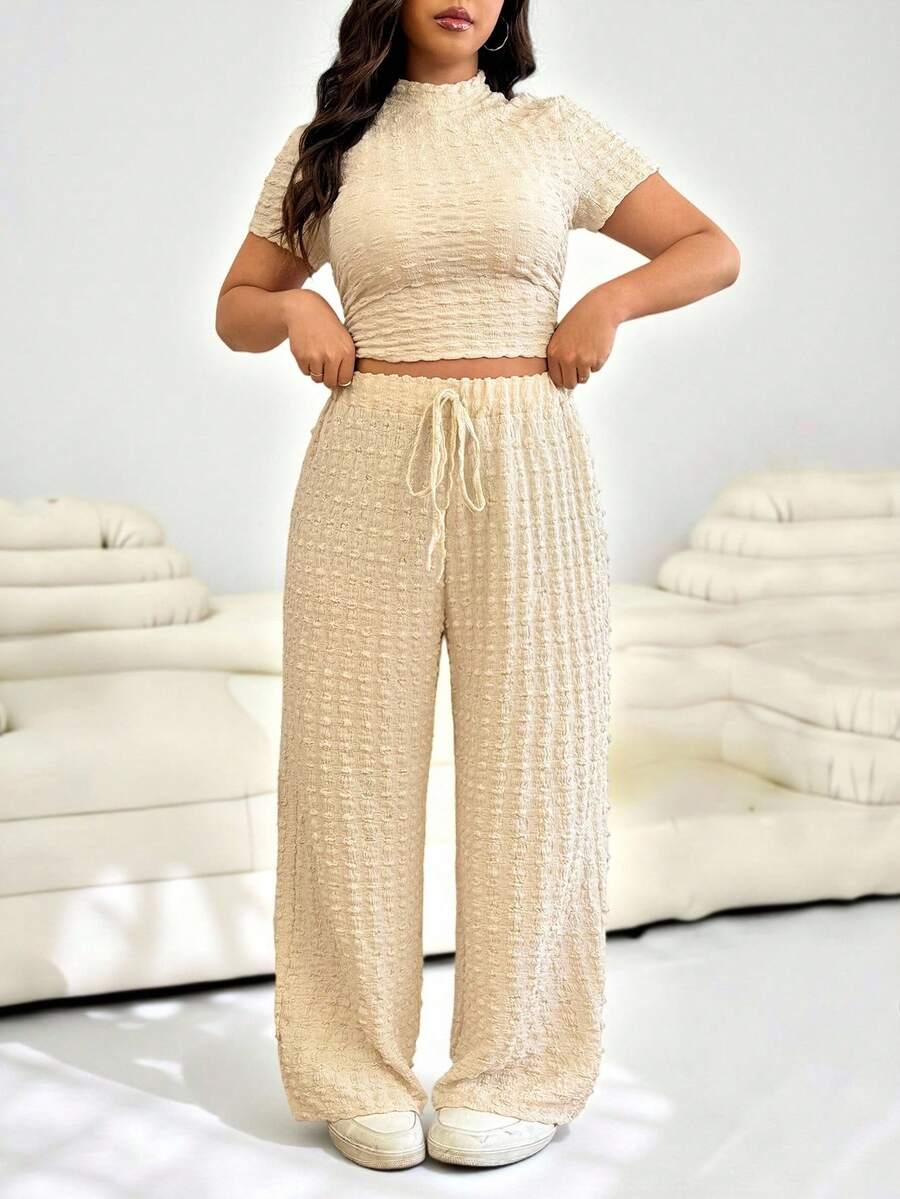 Solflare 2 件套大码春夏休闲修身褶皱纹理印花裤和短袖 T 恤套装 - 杏色 - 查看 1