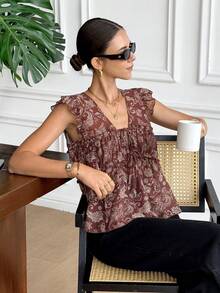 Serisse Áo kiểu nữ Pháp màu nâu phong cách Bohemian họa tiết Paisley, cổ chữ V, xếp nếp, có dây rút, không tay, tay ngắn, thích hợp mặc hàng ngày, đi nghỉ mát/mùa hè. Áo màu nâu cho nữ, áo kiểu mùa hè cho nữ, áo kiểu thanh lịch cho nữ, từ xuân sang hè, mùa hè cho nữ, trang phục thời trang nữ, đi biển, kỳ nghỉ hè, áo kiểu thường ngày cho nữ, áo kiểu họa tiết hoa cho nữ. - màu nâu - Xem 8