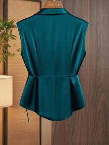 GlowEve Women's Collared Pleated Tie-Front Sleeveless Blouse Green Blue St Patrick's Day - Blue - View 2