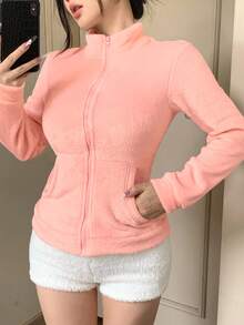 DAZY 女士修身休闲抓绒外套，时尚运动卫衣外套，秋冬女式大衣 - 西瓜粉 - 查看 4