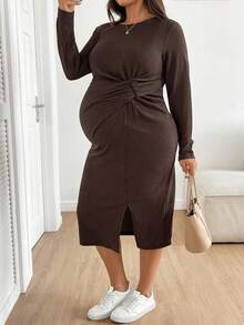 SHEIN 大码孕妇休闲纯色扭结修身连衣裙，秋季