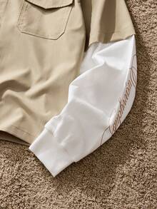 SWAVVY Men's Letter Embroidery 2 In 1 Long Sleeve Utility Pocket Casual Shirt Khaki Shirt Streetwear Men Shirt Men's Casual Shirt - Khaki - View 4