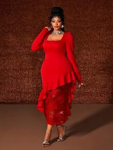 Maweii Vestido elegante ajustado con cuello cuadrado, mangas abullonadas, parches de encaje y volantes en el bajo para mujeres de talla grande - Rojo - Ver 4