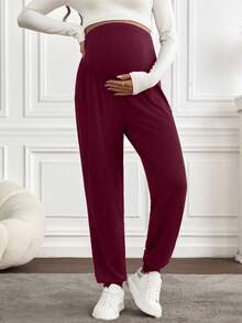 SHEIN Maternity Solid Color Adjustable Waist Harem Pants - Burgundy - View 4