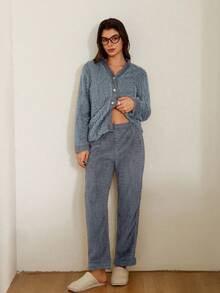 Doze Lane 女士毛绒提花撞色开衫和裤子睡衣套装 - 彩色 - 查看 4