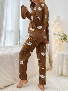 SHEIN 三件套：印花长袖睡衣套装 + 眼罩 - 棕色 - 查看 2