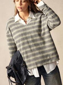 Bohemela BOHO Casual Knit Striped V-Neck Hollow Out Twist Tie Tee Shirt For Women, Suitable For Winter, Christmas, New Year, Valentine's Day, Music Festival