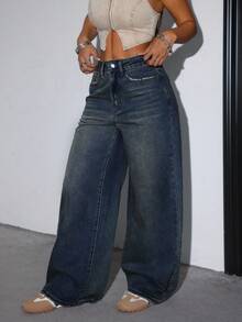 SHEIN Teen Girls Fashion Casual Y2k Vintage Old Money Comfortable And Breathable Basic Mix And Match Loose Jeans For Teen Girl Clothes Boys Soft Dailywear And Teen Girl Summer And Spring Rave Outfits Festival And Beach Outfits Clothes Baggy Jeans Y2k Y2k Jeans Oversized Jeans Wide Leg Jeans Fall Winter - Dark Wash - View 3