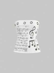 ROMWE Grunge Punk SummergraphicwhiteY2K Subculture Tight Fit Musical Note Print Metallic Eyelet Hem Slit Design Women Bandeau Top - White - View 5