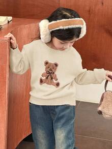 SHEIN Young Girl Casual Bear Pattern Crew Neck Sweater - Apricot - View 5