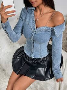 Rivivi Fashionable Front Button Asymmetric Collar Fitted Denim Blouse - Light Wash - View 6