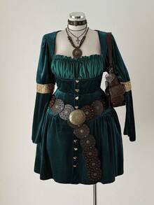 Sunspun 时尚方领弹力天鹅绒腰连衣裙 - 綠色 - 查看 5