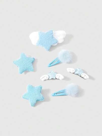 Goth 7 Random Styles Of Handmade Hairpins, Blue Hairball Wings And Star Combination Hairpins, Cute Wind Furry Hair Accessories Combination.