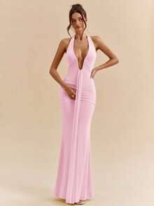 SHEIN BAE 黄色奶油色性感深V领优雅吊带长裙，适合春夏穿着 - 珊瑚粉 - 查看 3