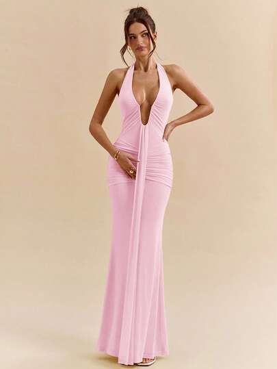 SHEIN BAE Yellow Cream Sexy Deep V-Neck Maxi Elegant Halter Dress For Women, Spring/Summer Halter Neck Dress Sexy Long Dress Long Pink Dress ,Summer Dress