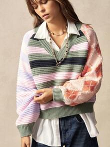 Bohemela Áo len nữ phong cách Boho mùa Đông/Xuân, kiểu dáng vintage, cổ chữ V, tay raglan, dáng rộng, kẻ sọc nhiều màu sắc, thích hợp cho các buổi hòa nhạc, tiệc tùng, đi biển, mặc hàng ngày, đi học, đi chơi, Giáng sinh, Năm mới, phong cách Y2K những năm 2000, kỳ nghỉ hè. - Nhiều màu - Xem 4