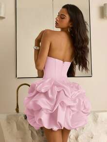 Vowa Elegant Brown Minimalist Strapless Fish Tail Ruffle Low Waist Princess Dress, Suitable For Dates, Vacations, Singles' Parties, Birthdays, Proms, Graduations, Galas, And Dances - Pink - View 3