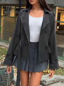 TRNVIE Fitted Short Jacket For Women With Revers Collar, Belt, Slant Pockets, Cropped Design, Suitable For Winter, New Year, Outdoor Use - Grey - View 8