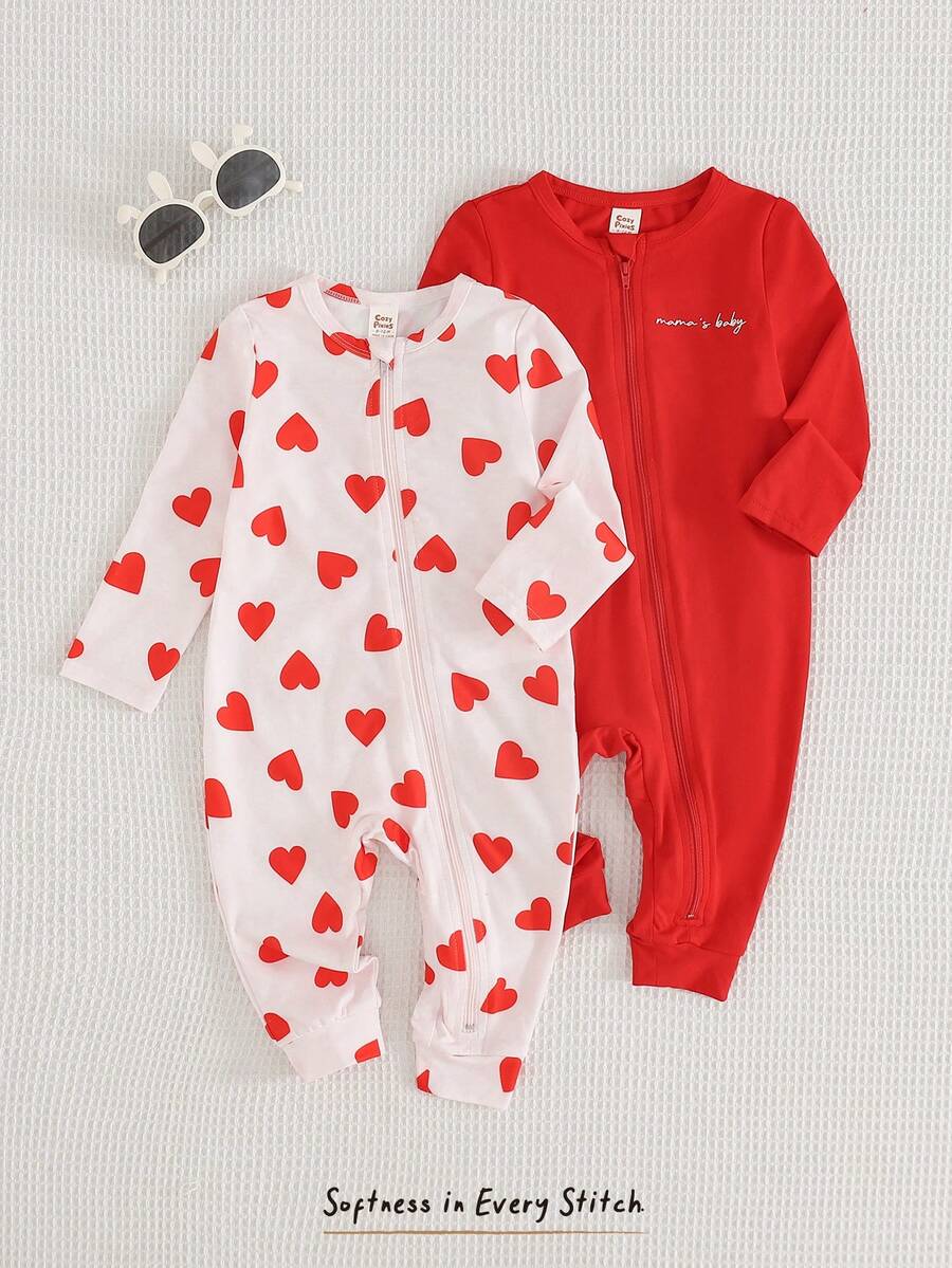 Cozy Pixies Bộ 2 món áo liền quần dài tay cổ tròn mềm mại họa tiết trái tim cho bé gái, thích hợp làm quà tặng ngày Valentine. - Đỏ và trắng - Xem 1