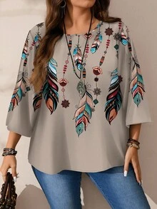 EMERY ROSE Camisa feminina plus size casual com estampa total, gola redonda e mangas 3/4. - Caqui - Ver 3