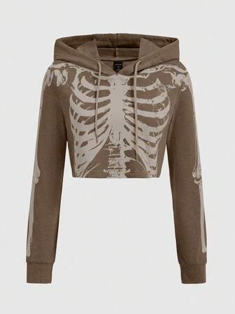 Grunge Punk Damen Kurze Sweatshirt mit dunklem Skelett-Muster