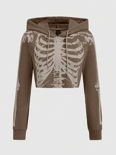 Grunge Punk Damen Kurze Sweatshirt mit dunklem Skelett-Muster