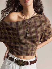 Easelle 女士格子蝙蝠袖短袖休闲宽松上衣，棕色不对称肩格子上衣，棕色短袖复古上衣，2025 - 棕色 - 查看 7