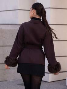 Andrea Bello Fashionable Fuzzy Cuff Coffee Color Overcoat, Autumn/Winter,Fall - Coffee Brown - View 2