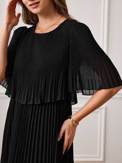 Miaspire This Elegant Women's Dress Features A Classic Pure Black Color, Exuding A Sophisticated Feel That Perfectly Complements The Refined Atmosphere Of The New Year. The Floral Pattern Is A Solid-Color Pleated Skirt, Its Flowing Drape Adding A Touch Of Fashionable Style. The Design Includes A Round Neck, Layered Sleeves, And A Long A-Line Skirt, Offering A Comfortable And Slimming Fit While The Pleats Enhance Its Elegant Ambiance. Suitable For Spring And Autumn, It Can Be Paired With Bright Accessories To Brighten The Look Or Layered With A Jacket For Added Depth. Perfect For Both Youthful Gatherings And Casual Occasions, This Dress Showcases Fashionable Taste With Its Flowing Pleats On Festive Occasions And Is Also Easily Adaptable For Work Or Casual Wear. It's A Versatile Piece In Your New Year's Wardrobe That Combines A Relaxed Feel With A Touch Of Sophistication.Summer Outfits