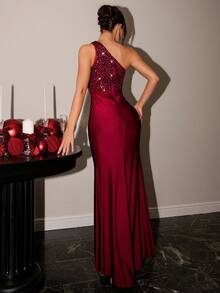 Glamine 夏季连衣裙，斜领口，亮片拼接，高腰侧褶，开襟优雅连衣裙，长款女装 - 中紫紅色 - 查看 6