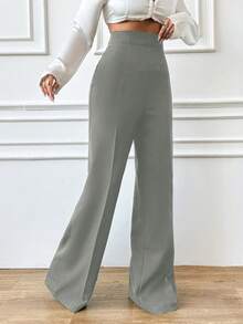 EURMUSE Women's Solid Color High Waist Toothpick Striped Design Straight Loose Casual Pants - Mint Green - View 4