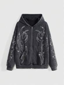ROMWE EDITION Y3K Punk Symbol Studded Washed Open Front Sweatshirt - Black - View 1