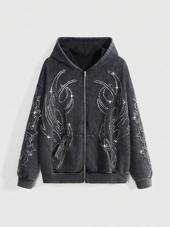 Grunge Punk sweat-shirt à capuche ouvert devant lavé avec clous, symbole punk Y3K