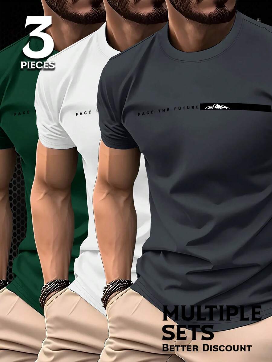 EGENSIO 3件/套 男士新款时尚休闲修身短袖T恤，简约百搭圆领T恤 3件装 - 深灰色 - 查看 1