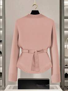 GlowEve Women's Blue Sweater, New Autumn/Winter Metal Button Asymmetrical Closure Cardigan, Versatile Commuting Style - Dusty Pink - View 2