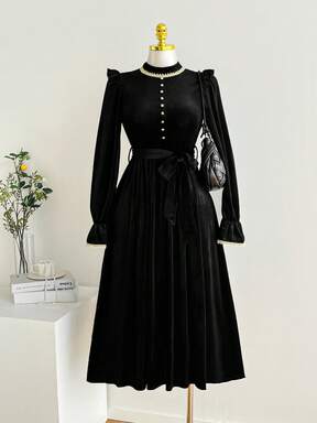 Celisse Elegantes französisches Blumen-Spitzen-Patchwork Midi-Kleid, Langarm-Samt-Strickkleid mit Taillenbindung für Frauen, Herbst/Winter