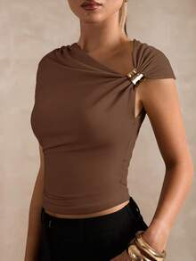SHEIN BAE Áo thun tay ngắn họa tiết kim loại xếp ly thời trang, đa năng, phù hợp đi làm hàng ngày cho nữ - màu nâu - Xem 5