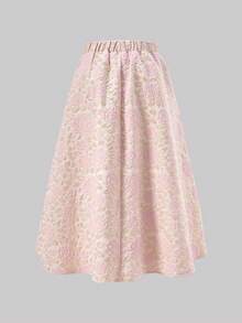 SHEIN 少女优雅提花编织弹力腰A字裙，适合日常穿着、聚会和派对，春秋季百搭之选。 - 粉色 - 查看 2