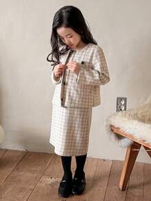 DAZY 2pcs Girls Plaid Jacket + Slim Fit Suspender Dress Set, Young Girl Fall Outfit - Apricot - View 7