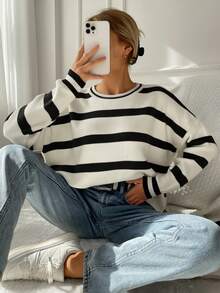 RueChic Striped Pattern Drop Shoulder Sweater - Multicolor - View 5