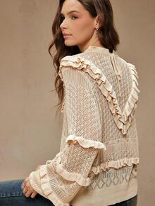 WESTFADE Suéter de punto con cuello de imitación de volantes, mangas largas con volantes, ajuste relajado, lazo en la espalda, suéter informal, otoño, invierno, casual, bohemio - Albaricoque - Ver 4