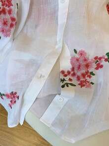 Airaco Women's Fashion Casual Romantic Embroidered Floral Long Sleeve Button-Up Shirt - White - View 3